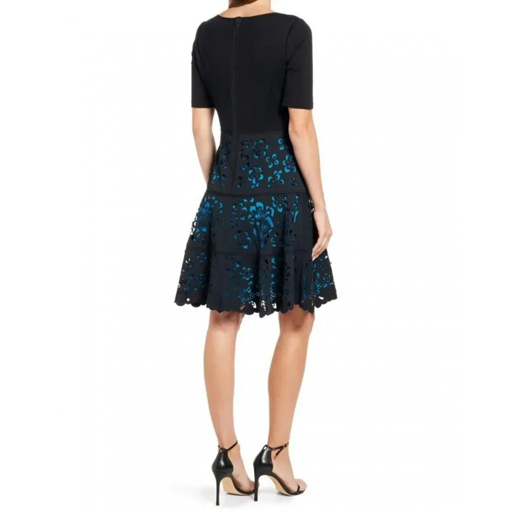 NWT Focus by Shani Laser Cut Ponte Fit & Flare Dress S-1063 4 Black / Blue - Picture 2 of 2